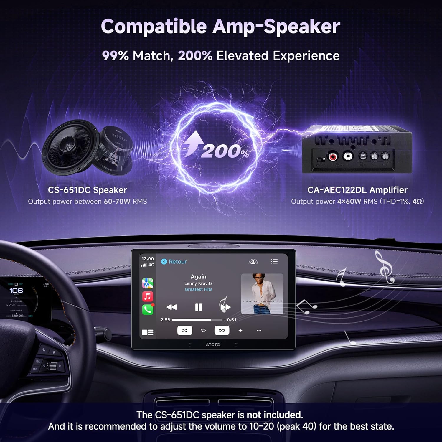 CA-AEC122DL Compact Car Amplifier with 6.5ft/2m Power Cable, Class D, TI TPA3221, 4-Channel, RMS 4x60W, Customizable EQ, Compatible with Select ATOTOZONE Car Stereos