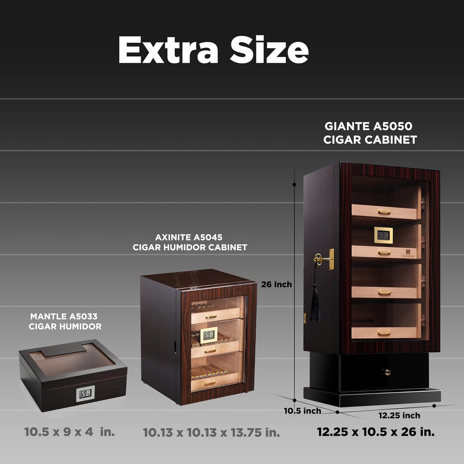 Woodronic Cigar Cabinet Humidor for 200-250 Cigars with Accessory Drawer, Crystal Humidifiers, USB Cables for Electric Humidifiers, Lock & Keys and Spanish Cedar Lining, Home & Commercial Display