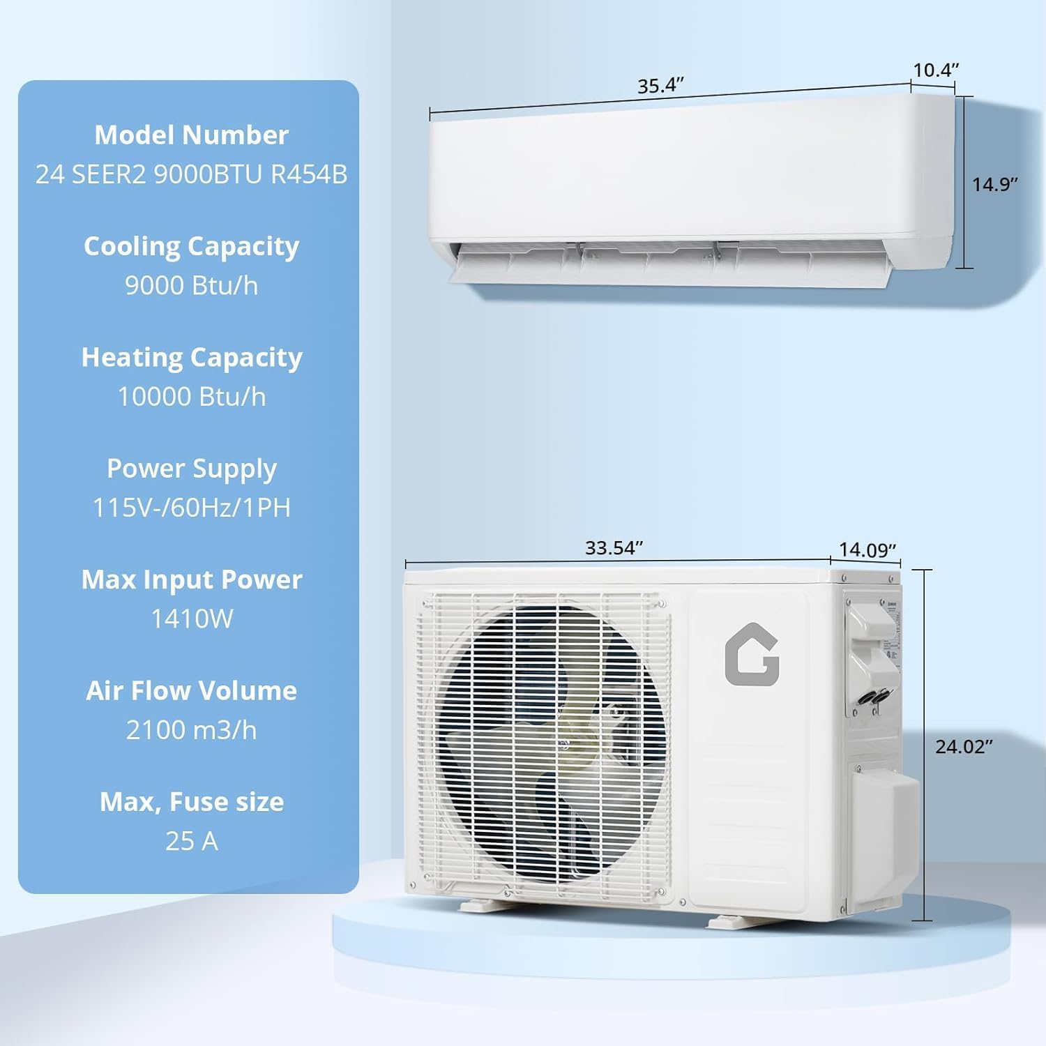 9,000 BTU Mini Split Air Conditioner Heat Pump System, 24 SEER2 High-Efficiency Ductless AC with WiFi & Alexa, Cools & Heats Rooms up to 450 Sq.Ft, 208V/230V, Easy Installation Kit – R45 Series