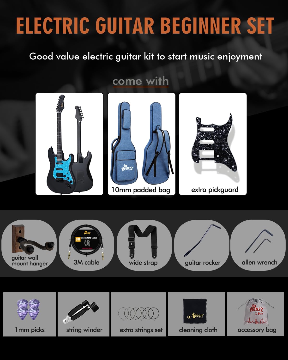 Winzz Adult Electric Guitar 4/4 Full Size, HSS Pickup, Guitar Electric ST for Beginners Starter Pack with 12 Accessories, Ideal Kids Electric Guitar Kit 12+ Years (39