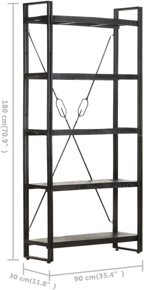 Black Industrial Bookcase, Solid Rough Mango Wood, Powder-Coated Steel Frame, 5-Tier Display Shelf, 11.8x35.4x71 Inch, Living Room Storage Office Furniture