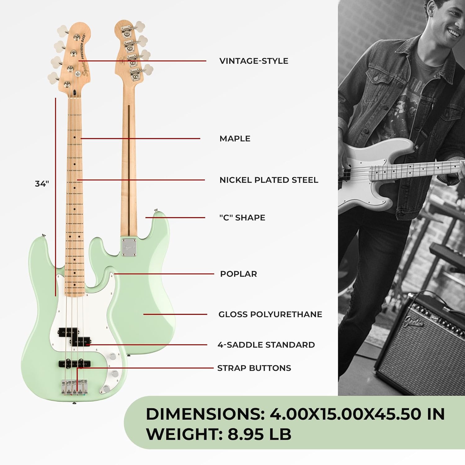 Squier FSR Affinity Series Precision Bass, Surf Green, Maple Fingerboard
