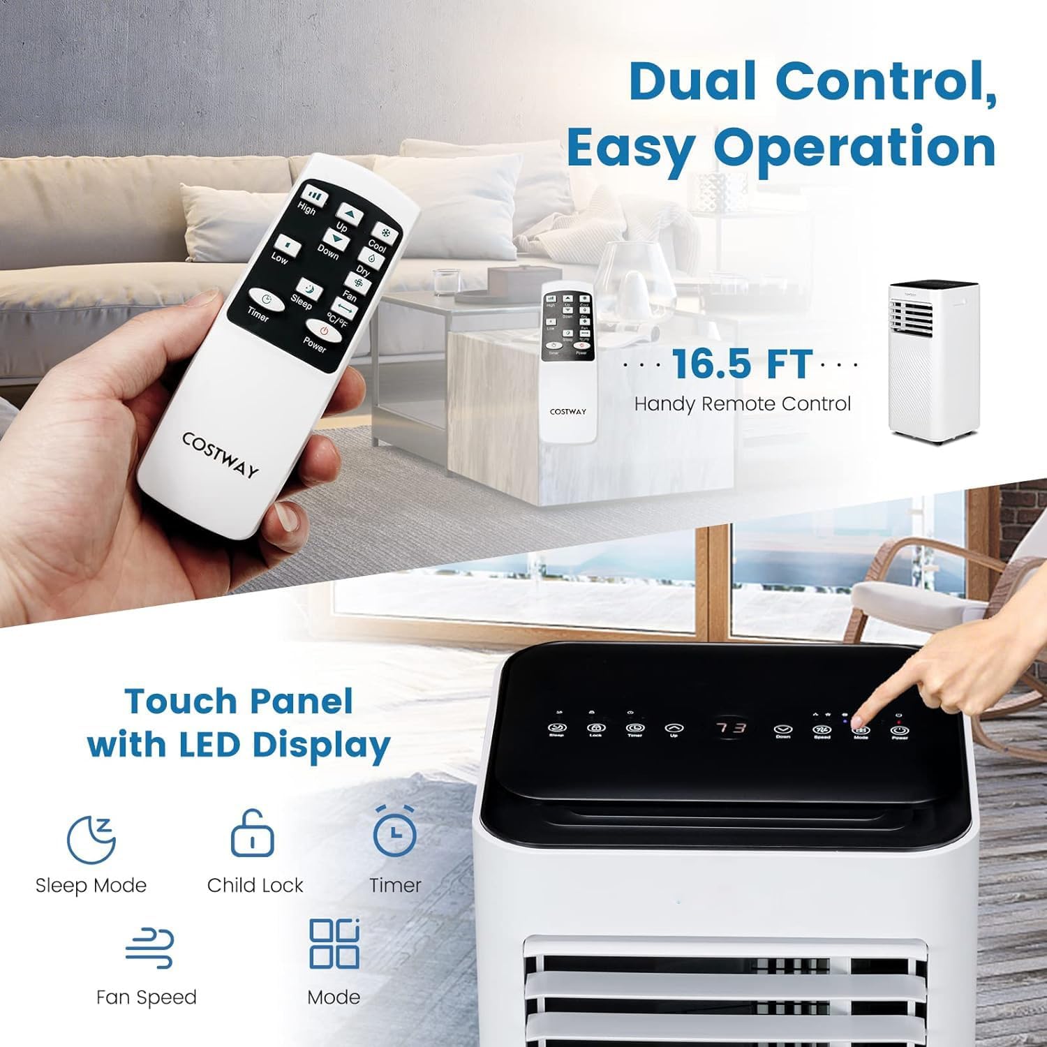 LDAILY Portable Air Conditioners, 4-in-1 Quiet Air Cooler with Fan, Dehumidifier, Sleep Mode, Remote, Touch Screen, 1-24 Timer, AC Unit for Bedroom, Home, up to 350 Sq.Ft (White + Black, 10000 BTU)