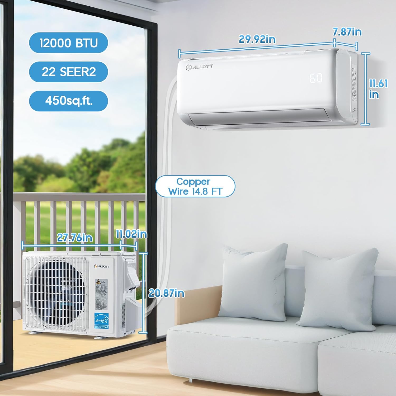 Albott Mini Split Air Conditioner Heat Pump, 12000 BTU 22 SEER2 115V, Energy Star, Remote Control for Rooms up to 450 Sq.Ft, Wall Ac Unit with 14.8ft Installation Kit, White