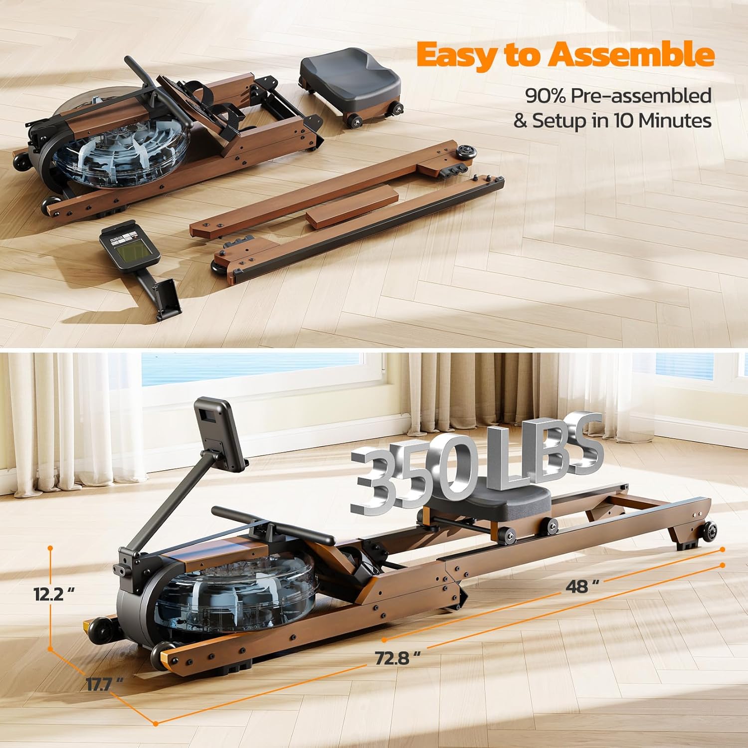 Dripex Rowing Machines for Home Foldable, Water Rowing Machine Max 350 LBS, Water Rower with Smooth Slide Rail, Comfortable Seat, Bluetooth App Supported, LCD Monitor, Wooden Row Machine for Home Gym