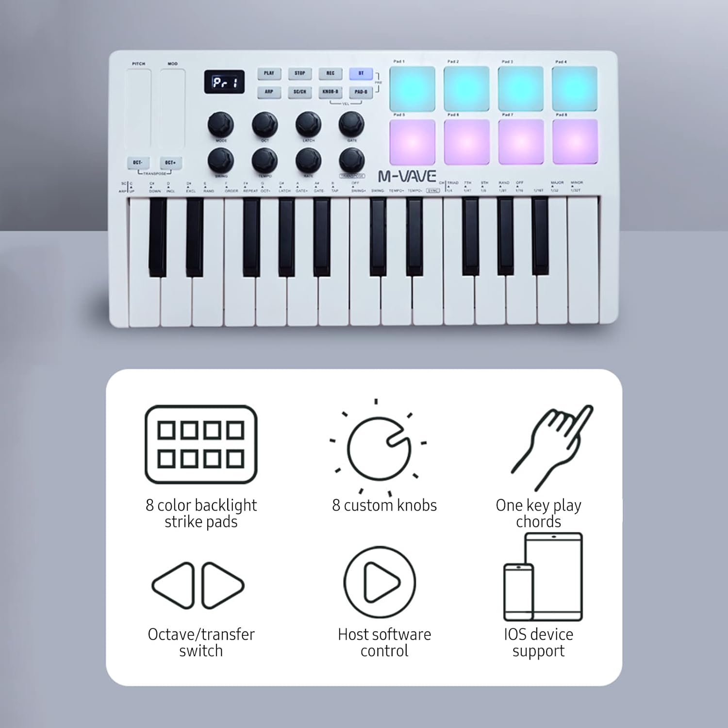 25-Key MIDI Control Keyboard Mini Portable USB Keyboard MIDI Controller with 25 Velocity Sensitive Keys 8 RGB Backlit Pads 8 Knobs