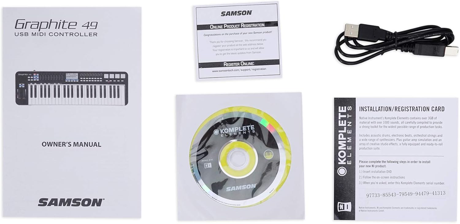 Samson Graphite 49 Key USB MIDI DJ Keyboard Controller w/Aftertouch/Fader/Pads Bundle with RockvilIe RKS30X Double X Braced Keyboard Stand w Push Button Lock Mechanism!