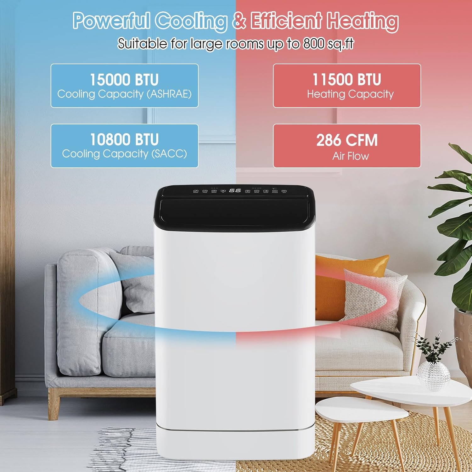 KOTEK Portable Air Conditioners with Heat, up to 800 Sq.Ft, 15000 BTU 4-in-1 AC Unit for Bedroom with Auto Swing, APP Remote Control & Window Kit, Room Air Conditioner Portable for Home Office