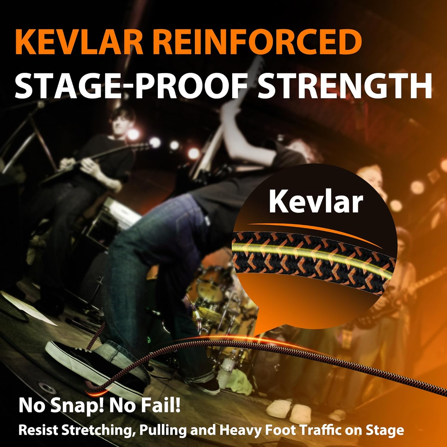 Pro Bass Guitar Cable 50 ft, Gold-Plated Neutrik REAN Connector, 18 AWG OFC, Braided 1/4 Inch Instrument Cable for Fender Electric Bass Guitar Combo Amp Rumble Marshall, Neon Orange/Black