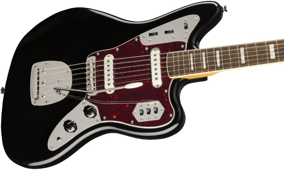 Fender Squier Classic Vibe '70s Jaguar - Indian Laurel Fingerboard, Black Bundle with Guitar Picks & Polishing Cloth