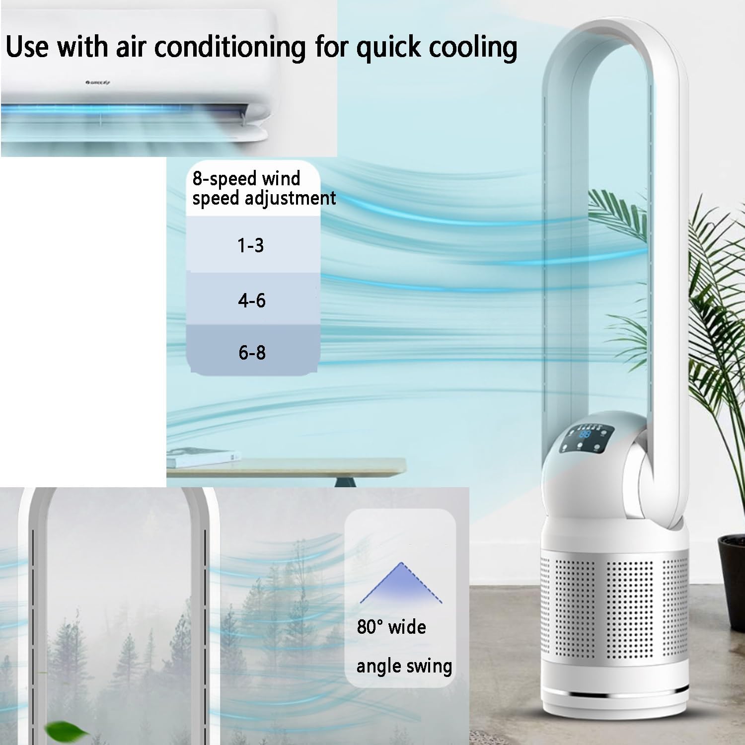 Air Circulation Fan/Bladeless Fan/Tower Fan/Floor Fan, Physical Cooling: 0.4-0.8 ℃, Oscillating Head Wide-Angle Wind, Remote Control, 8 Wind Speeds, Timing, Suitable for a Variety of Scenes(Gold)