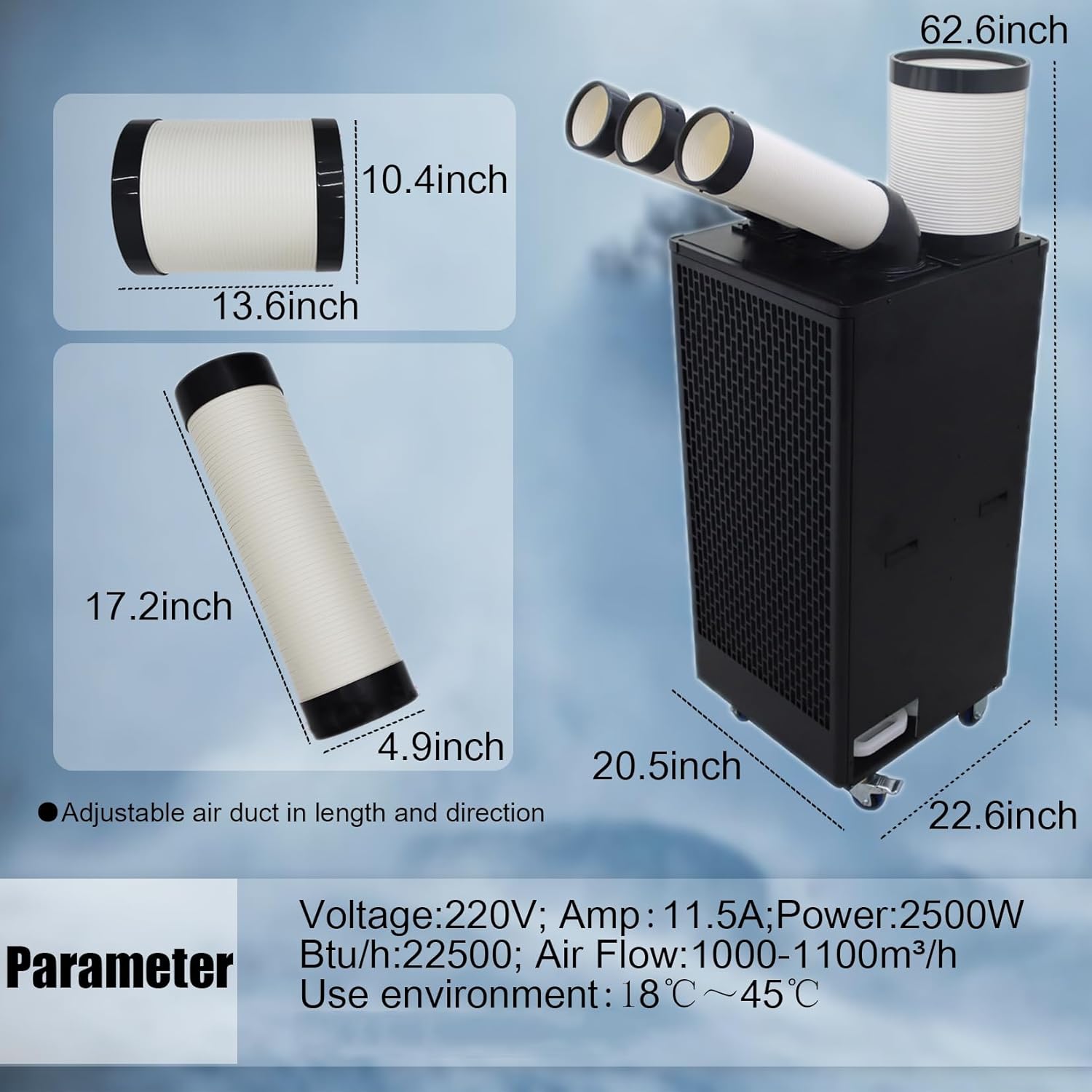 Industrial Spot Cooler Portable Commercial Air Conditioner 22500 Btu/h Mobile Indoor Outdoor Cooling AC 220V 2.5KW