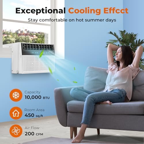 R.W.FLAME Window Air Conditioner 10,000 BTU, 6 in 1 U Shaped Window AC unit with Remote Control, Fast Cooling Up to 450 Sq.Ft. Thermostat Control/Timmer/Energy Saving,White
