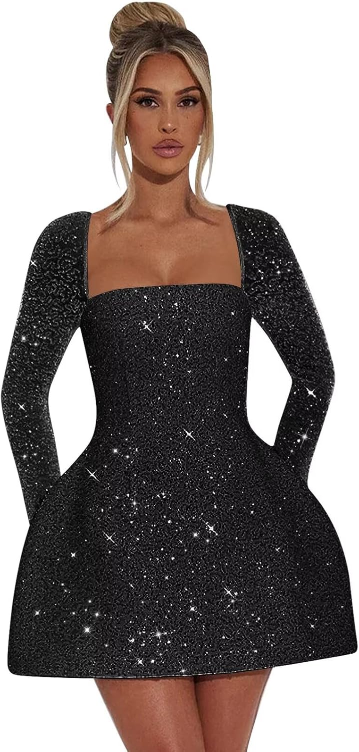 BOLENSYE Corset Sequin Prom Dresses Long Sleeve Sparkly Short Homecoming Dress with Bow Mini Cocktail Party Gown
