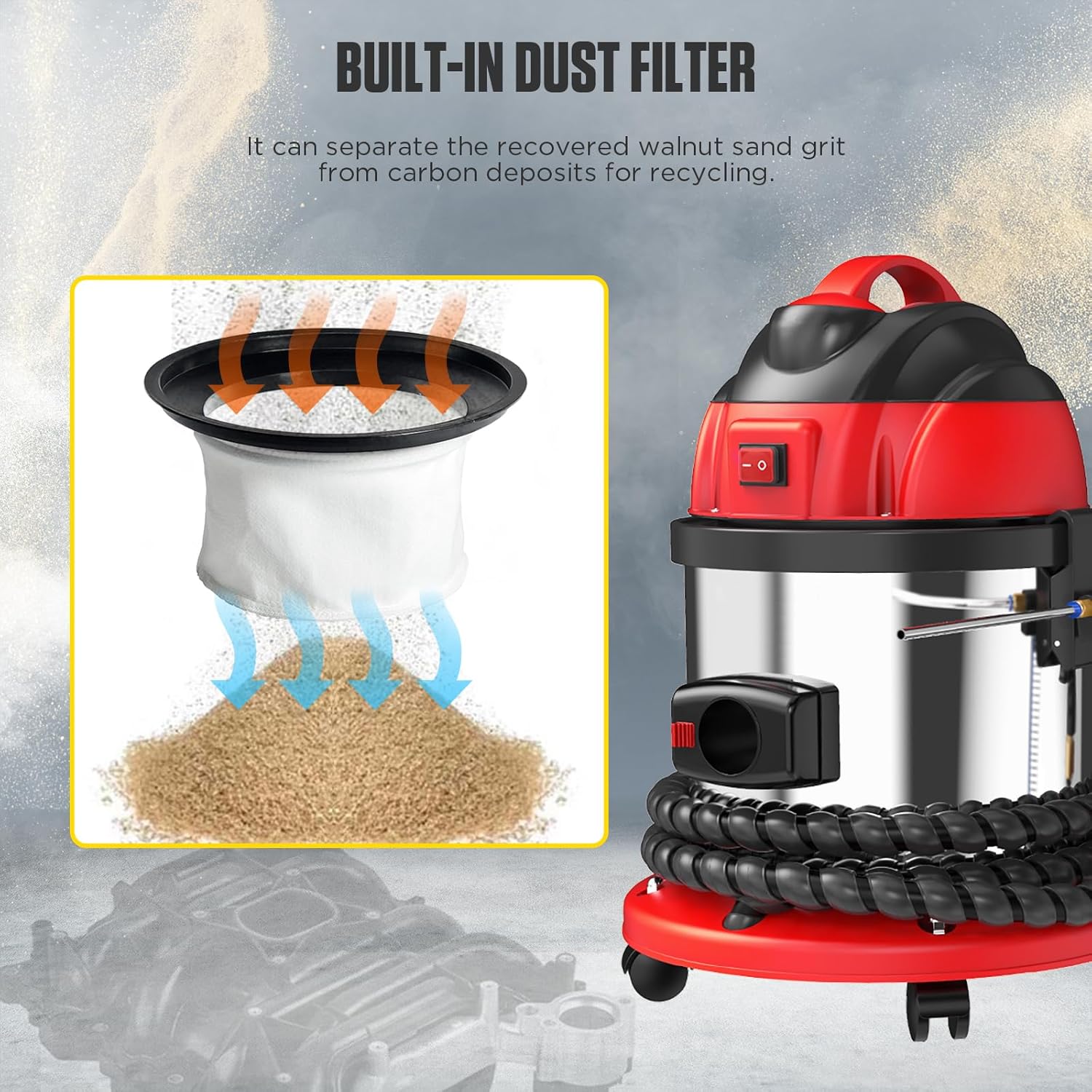 QPKING HTS558 Walnut Blaster Machine Kit,Engine Carbon Cleaner with Built-in Vacuum & Dust Filter,120PSI Desludging Tool for Intake & Exhaust Valve Cleaning,5 Adapters,2KG Walnut Sand,1200W,110/220V