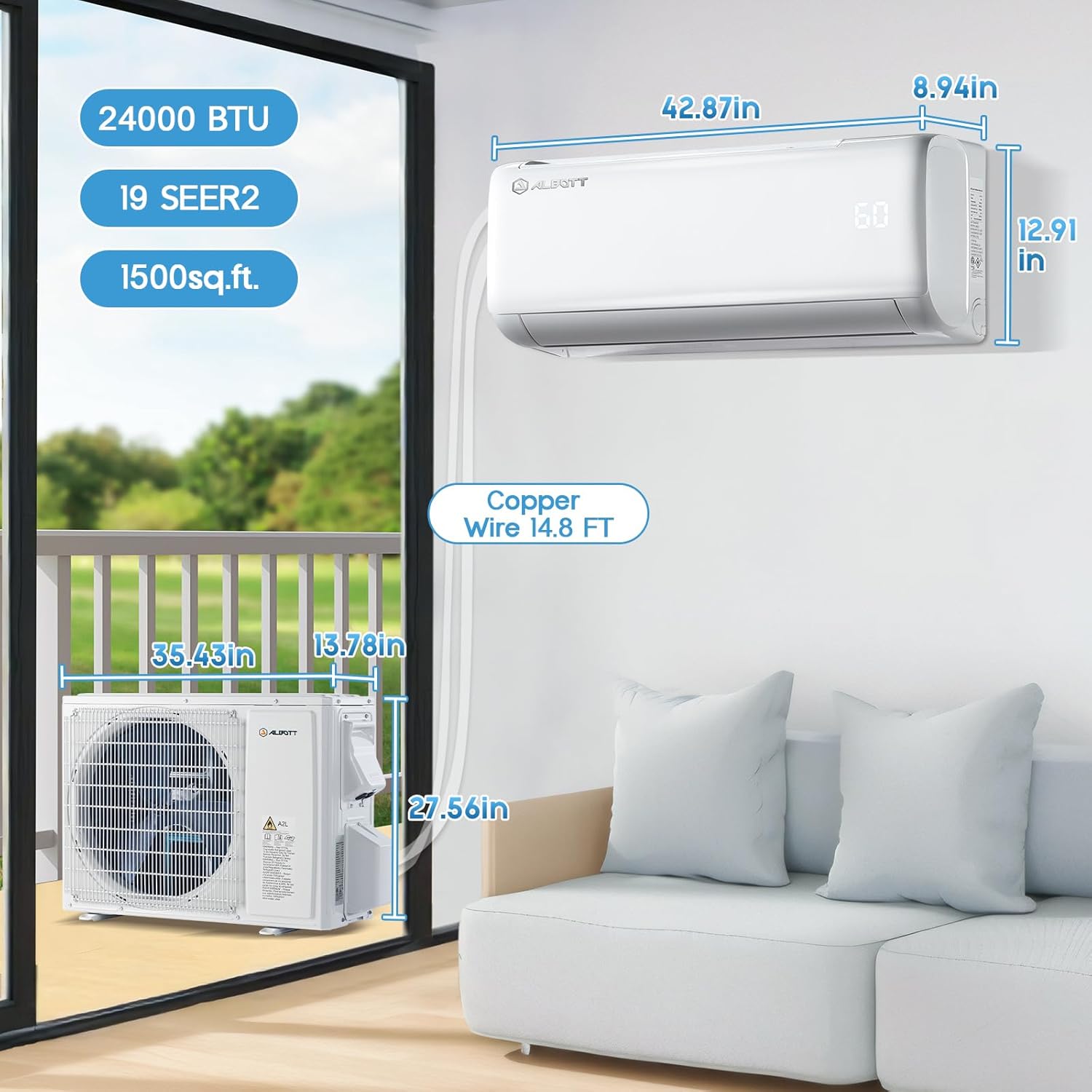 Albott Mini Split Air Conditioner Heat Pump, 24000 BTU 19 SEER2 220V Inverter Ductless Wall AC Unit Cools Rooms up to 1500 Sq. Ft, 14.8ft Installation Kit, White