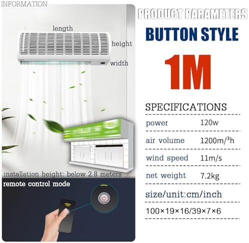 Air Curtain,Commercial Silent Door Air Curtain Machine, Energy-Saving Remote Control Black, Available in 1.5/1.8/2 Meters(1m)