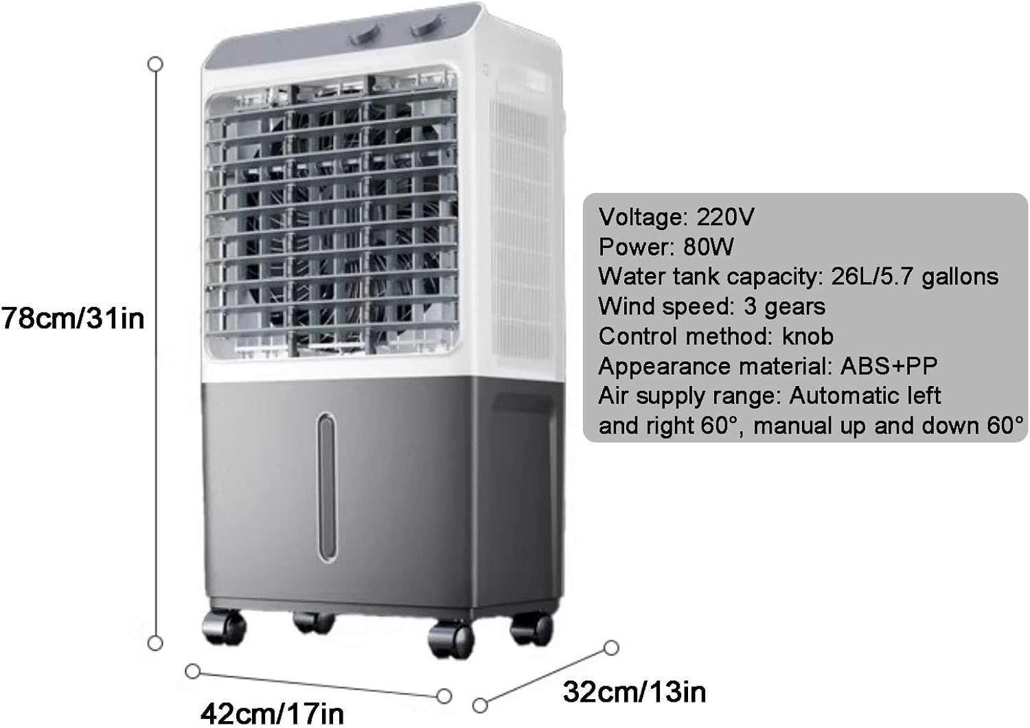 Evaporative Cooler, Knob Type Swamp Cooler, Portable Air Conditioners with 4 Ice Crystals, 3 Speed, 120° Oscillation for Room, Patio, Garage(78cm/31in)