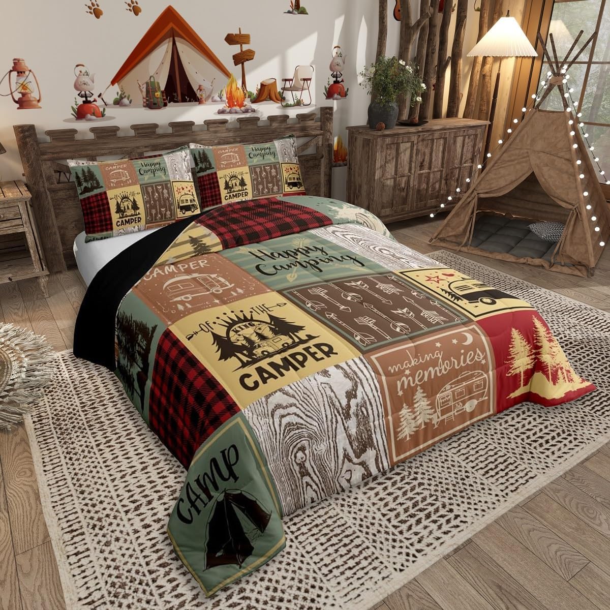 Erosebridal Retro Camper Quilt Set Happy Camping King Bedding Set for Kids Adults,Rv Camping Accessories Comforter Set for Travel Trailers Campers,Vintage Rustic Buffalo Plaid Bed Set 3 Pcs