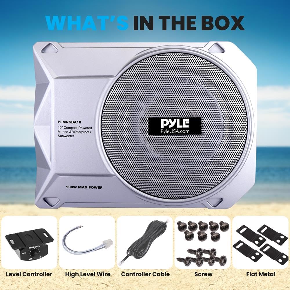 Pyle 10-Inch Low-Profile Amplified Subwoofer System - 900 Watt Compact Enclosed Active Marine Underseat Car Subwoofer with Built In Amp, Powered Car Subwoofer w/ Low & High Level Inputs