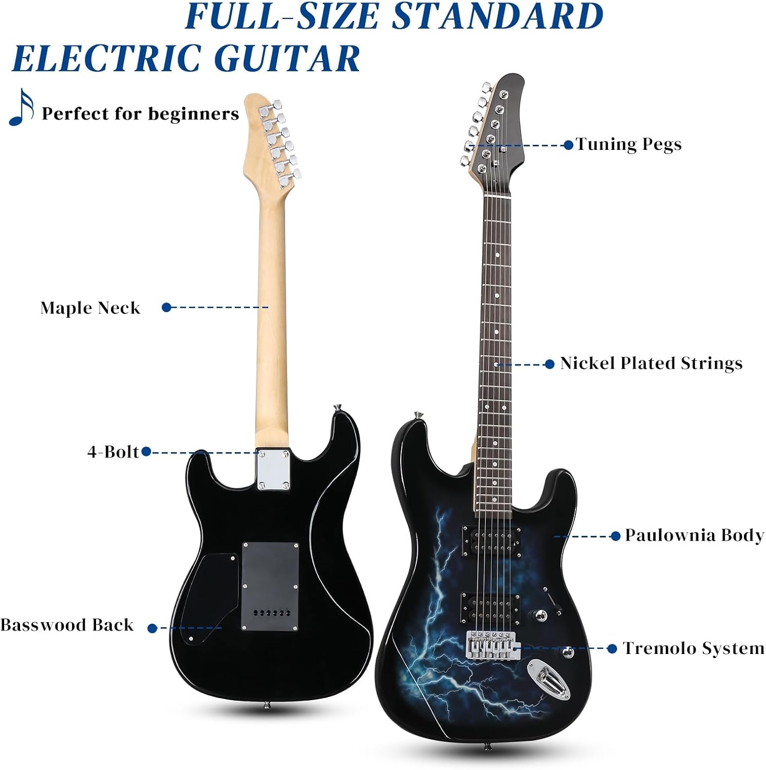 Full Size Electric Guitar, 39-Inch H-H Pickups Electric Guitars Kit with Shoulder Strap, Gig Bag, Cable and Tremolo Arm for Beginners