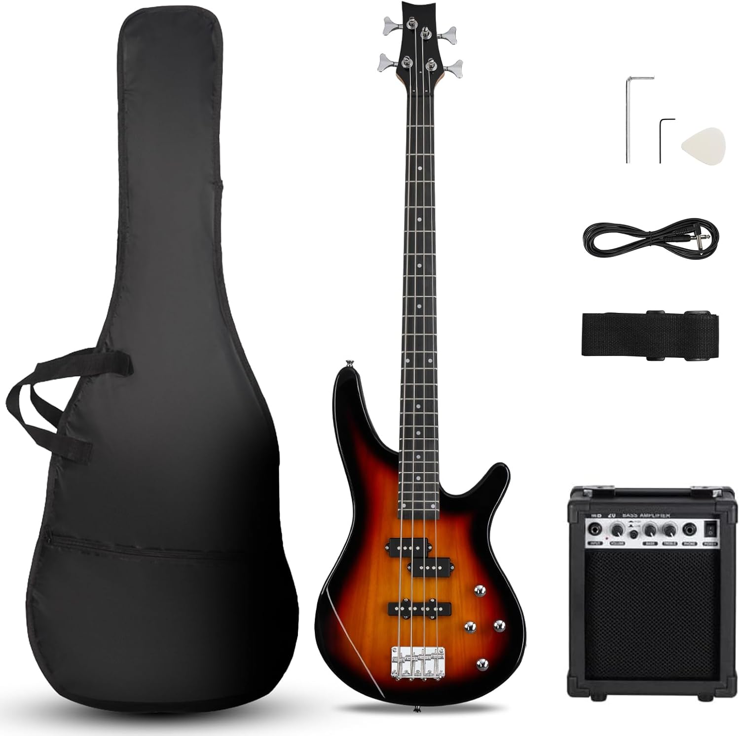 Ktaxon Electric Bass Guitar 4 String Bass Guitar with 20 Watt Amplifier, PJ Type Pickup, Naturally air-dried Maple Neck, Rosewood Fretboard, Basswood Body(Sunset)