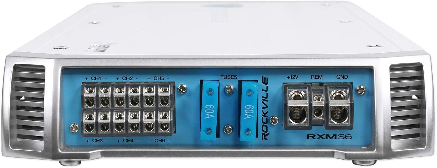 Rockville RXM-S6 2600W Peak/660W RMS 6-Channel Marine Amplifier, PA Microphone, Waterproof Design, Bass Remote for Boats and Marine Audio
