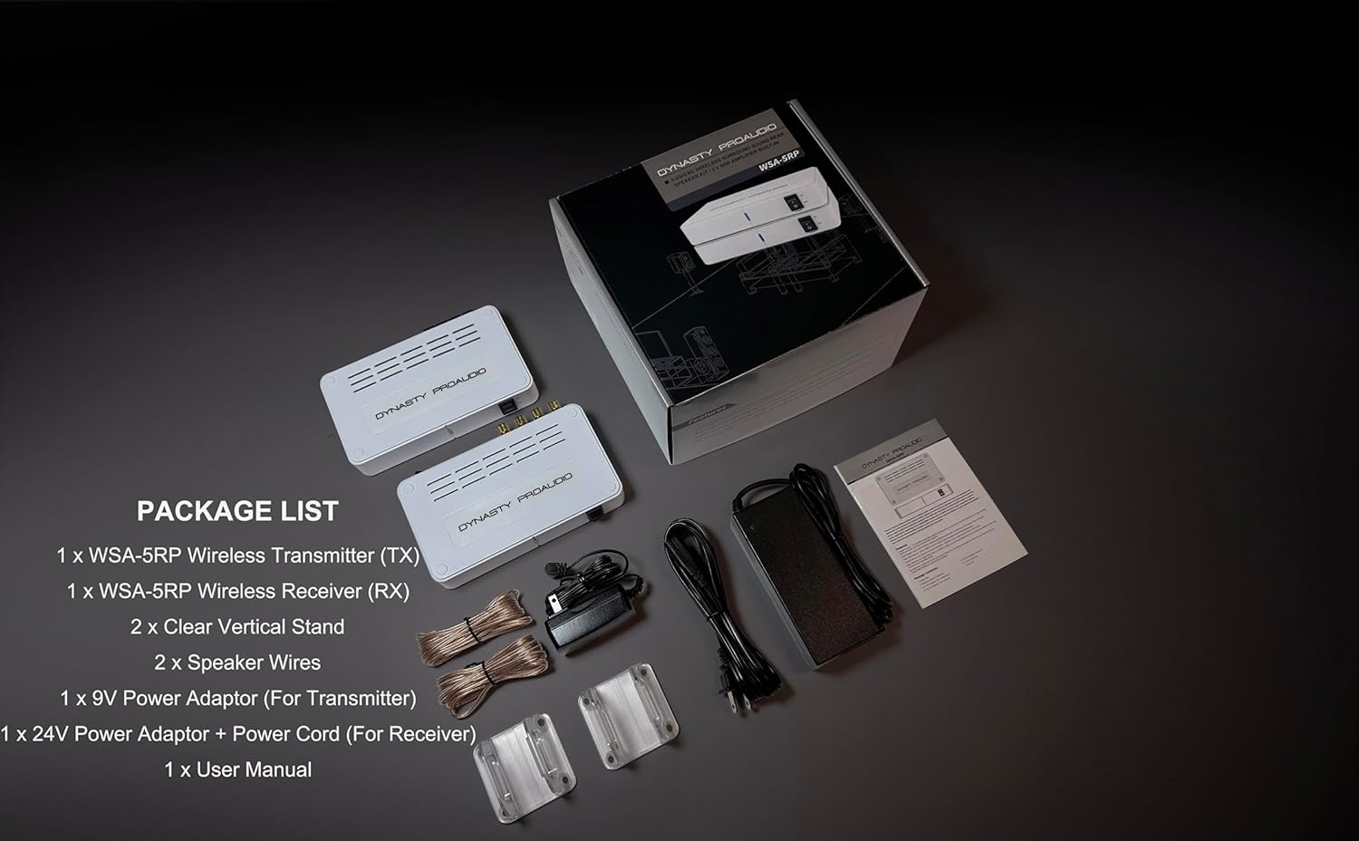 DYNASTY PROAUDIO WSA-5RP Wireless Surround Sound Rear Speakers Kit with 2 x 50W Amplifier Built-in, 5.2G / 5.8GHz Dual Band Selectable, Total 106 RF Channel Auto Switching