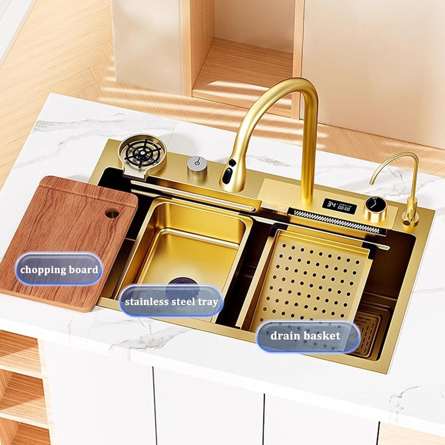 Golden Sink with Waterfall Faucet Stainless Steel Sink Golden Kitchen Sink Water Temperature Display Including Cup Washer and Other Accessories,75x46x22cm
