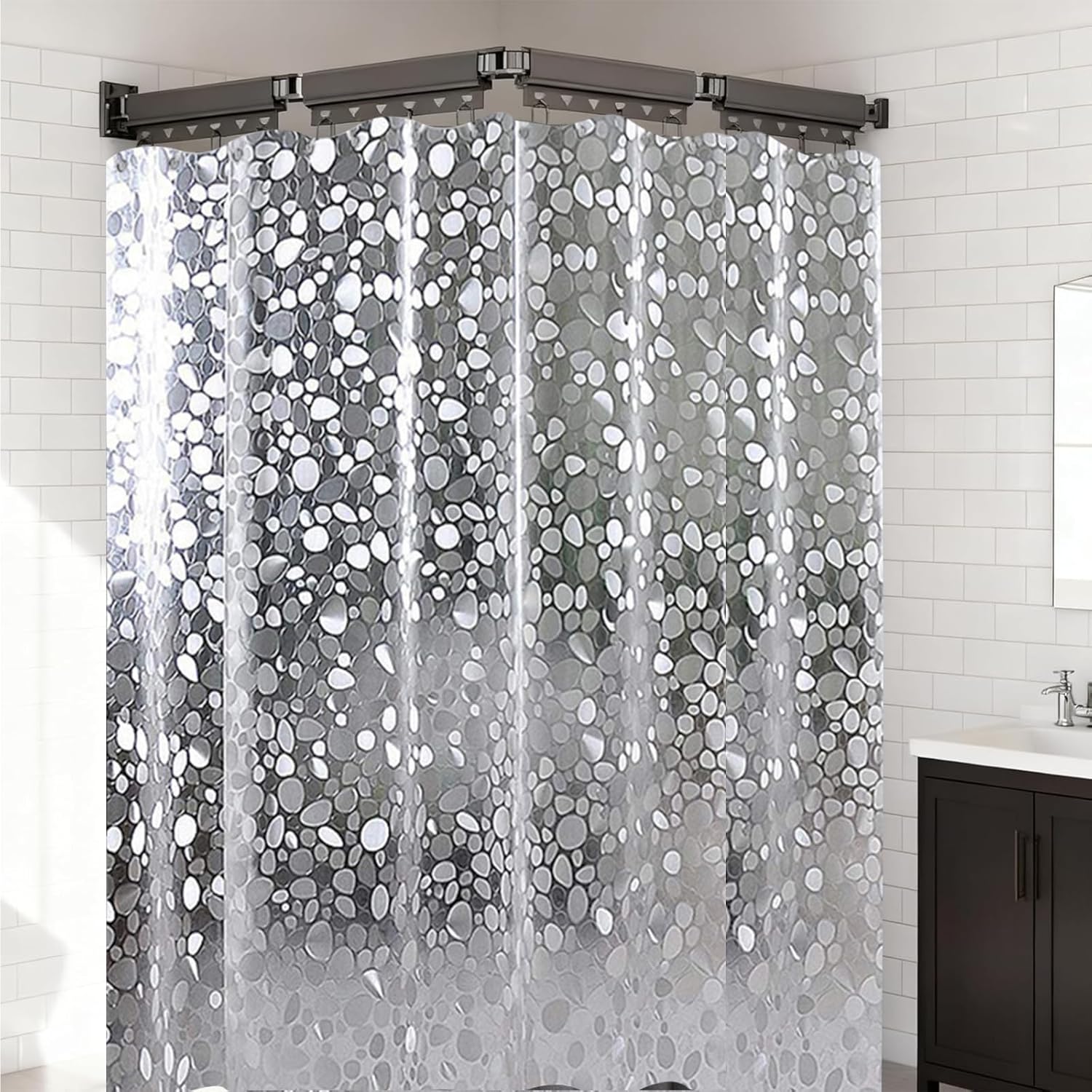 Folding Shower Curtain Rod Set,Grey Wall Mount Retractable Shower Curtain,EVA Clear Shower Curtain Adjustable Angle Folding Curtains, L shaped Corner Shower Curtain Rod(Pebble 3-Fold 70.9