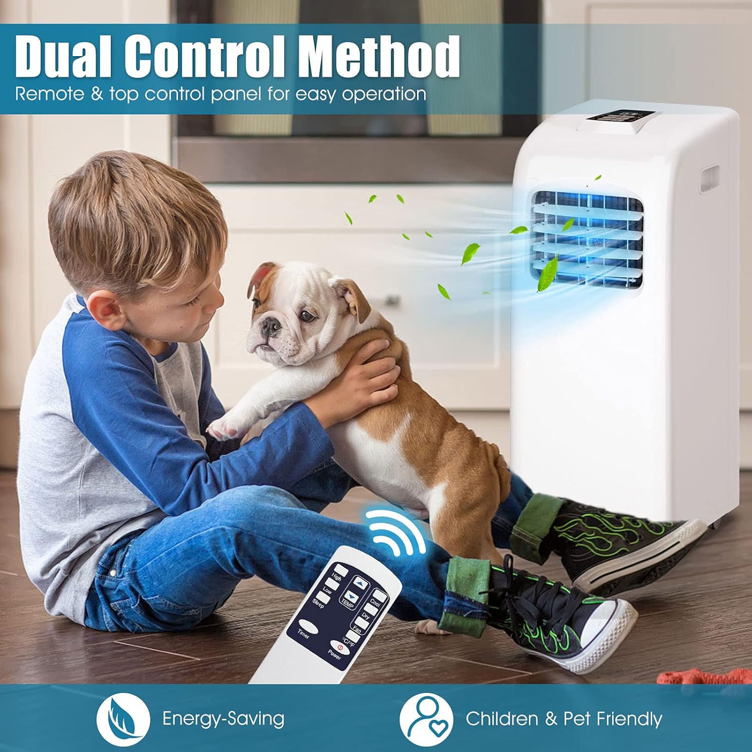 HOMGX 4-in-1 Portable Air Conditioner, 8000 BTU Powerful Air Cooler w/Fan, Dehumidifier, Cool & Sleep Mode, 2 Wind Speeds, 24H Timer, Control Panel, Remote Control, Rooms up to 230 sq. ft.