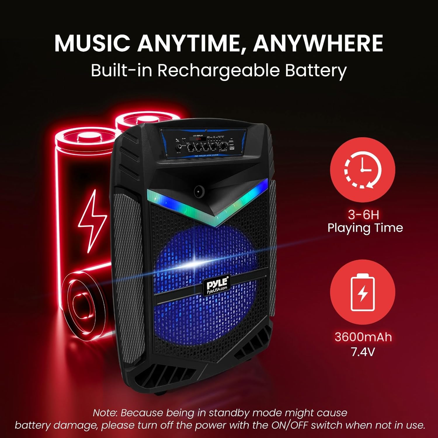 Pyle Portable Bluetooth PA Speaker System - 1200W Rechargeable Outdoor Bluetooth Speaker Portable PA System w/ 15” Subwoofer 1” Tweeter, Recording Function Mic In Party Lights USB/SD Radio PPHP1542B