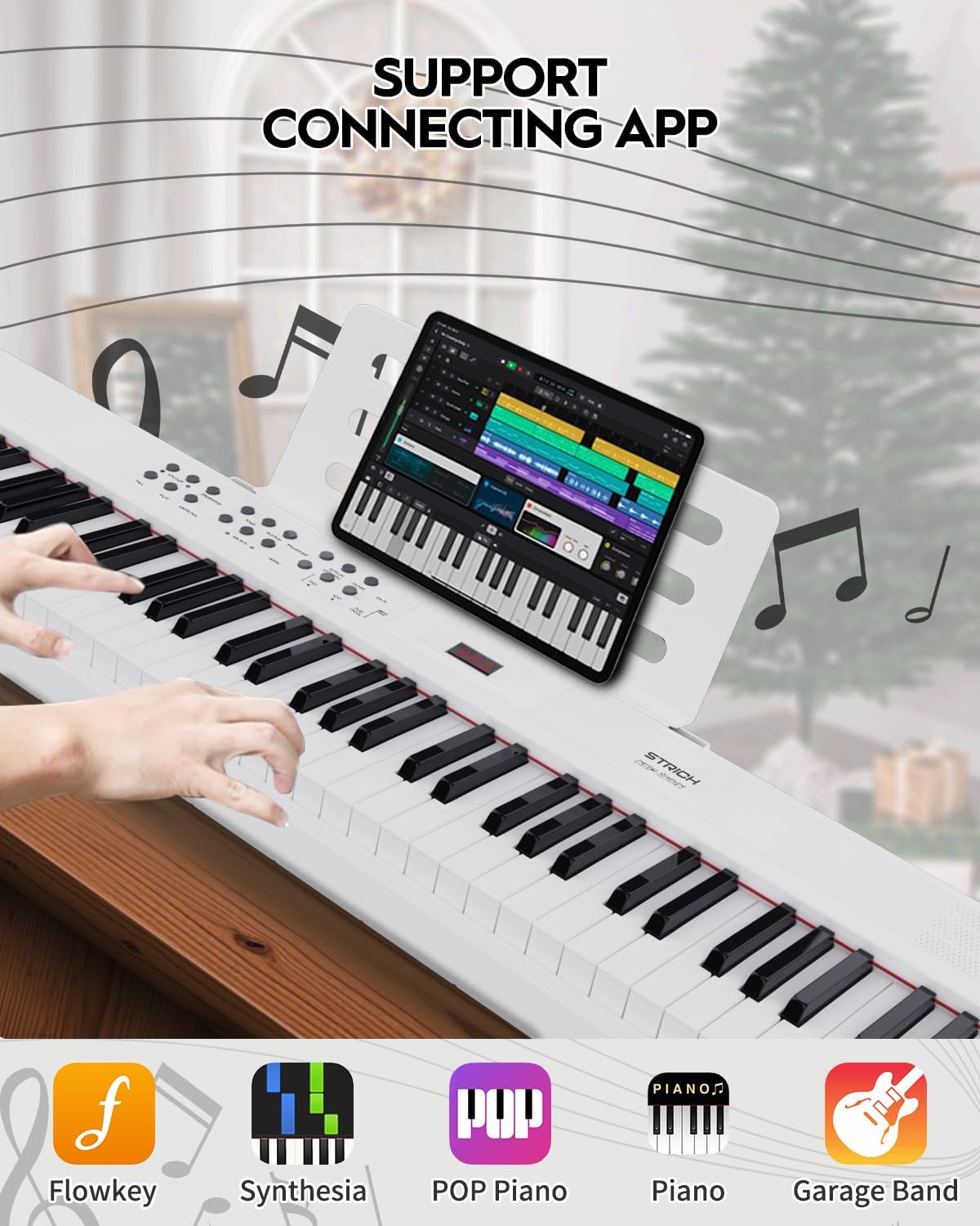 STRICH 88 Key Digital Piano Full Size Electric Keyboard with Semi-Weighted Sensitive Keys, Portable Electric Piano Set, Bundle with Sustain Pedal, Headphones, Music Rest, White, SEP-150S