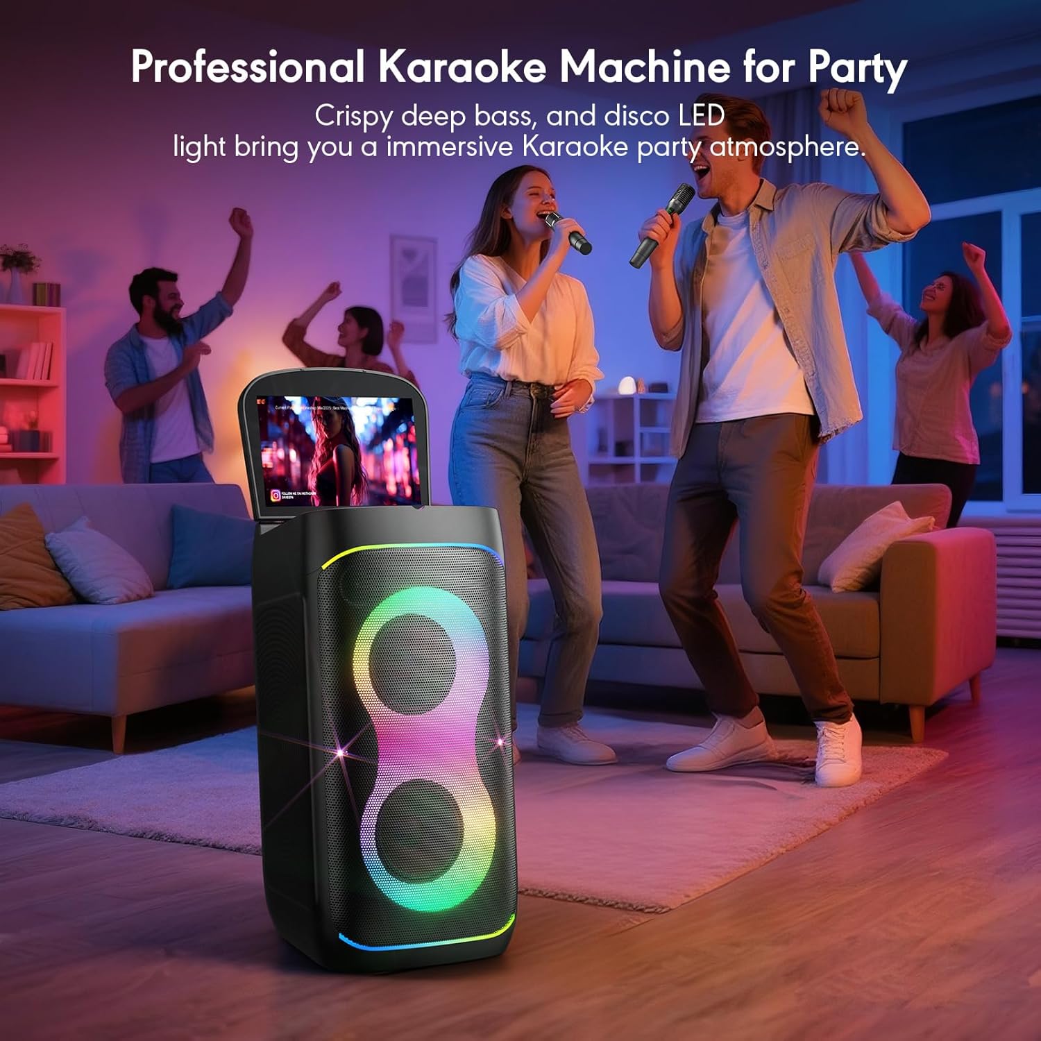 Smart Karaoke Machine with 10.1 Inch Screen, with Lyrics Display, Build-in Karaoke APP, 300W Powerful Speaker, 2 Wireless Microphones, for Family or Friend Party (X1)