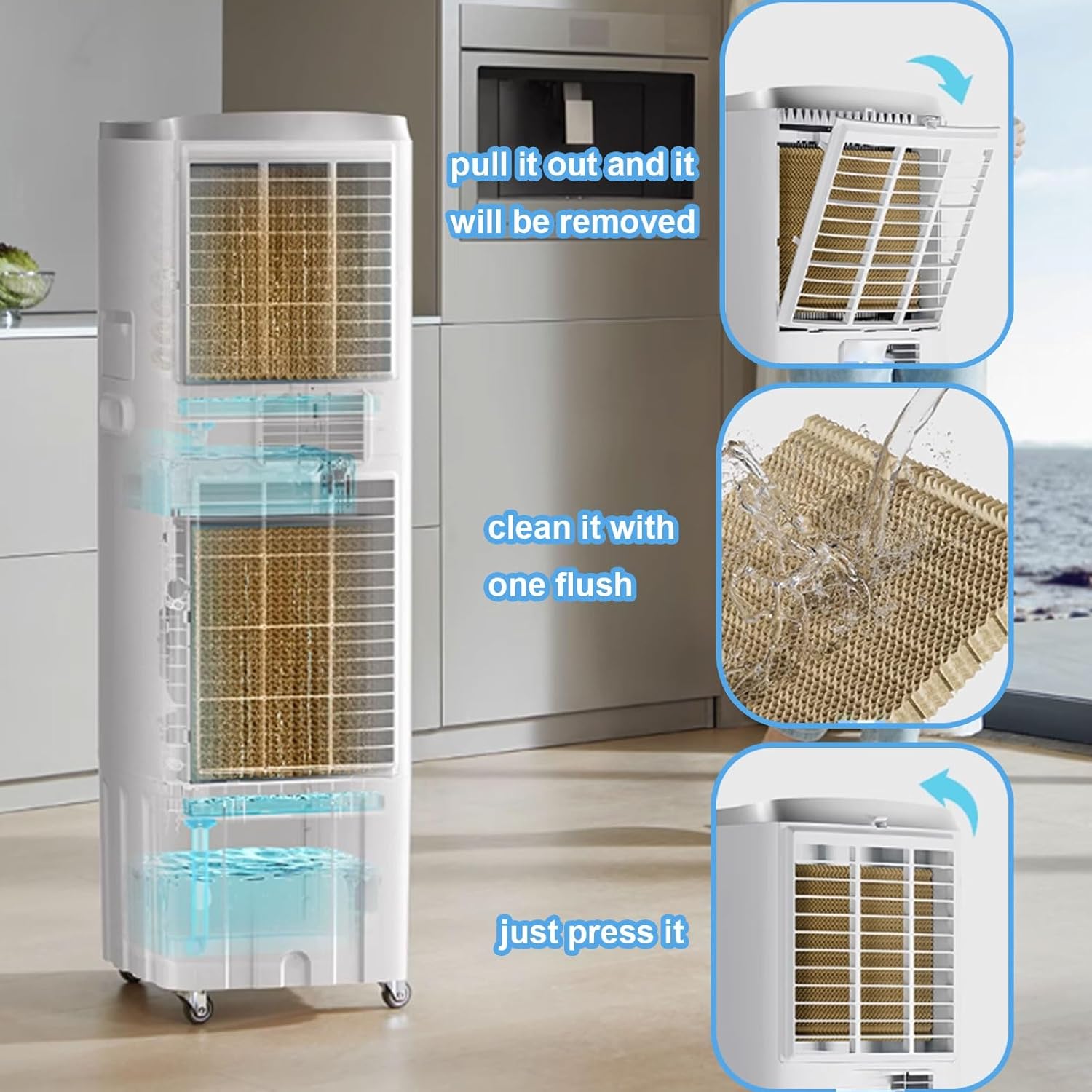 Ventless Portable Air Conditioner with Dehumidifier Stand Up Ac Unit with 25L Water Tank Device Encircling Air Supply Universal Wheel Design Air Cooler