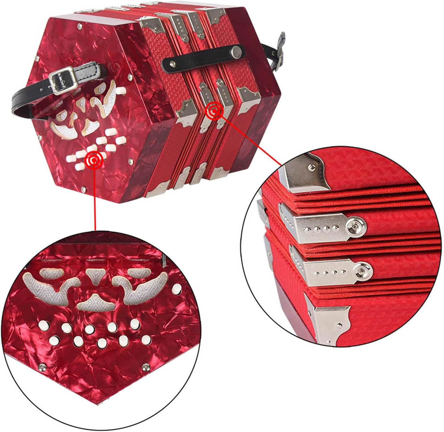 Anglo Concertina 20 Button 40 Reed GC Tuned, Red Pearloid Acordeon with Carrying Bag & Straps, Accordion Instrument for Adults Beginners, Folk Irish Music