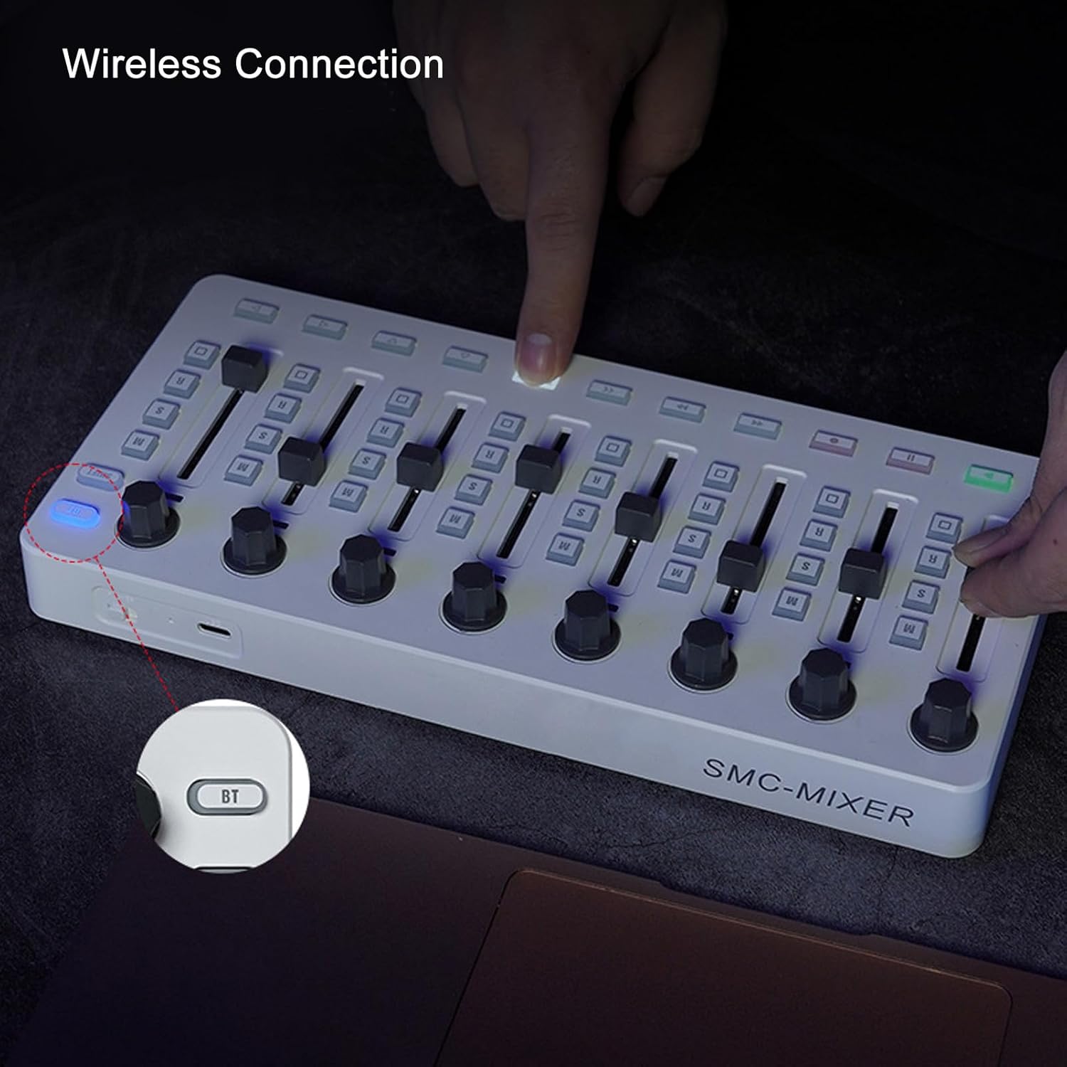 USB Bluetooth MIDI Controller Mixer Wire Less MIDI Mixing Console 360 Degree Rotating Encoders Midi Keyboard 8 Push Buttons 43 Control Keys 8 Knobs