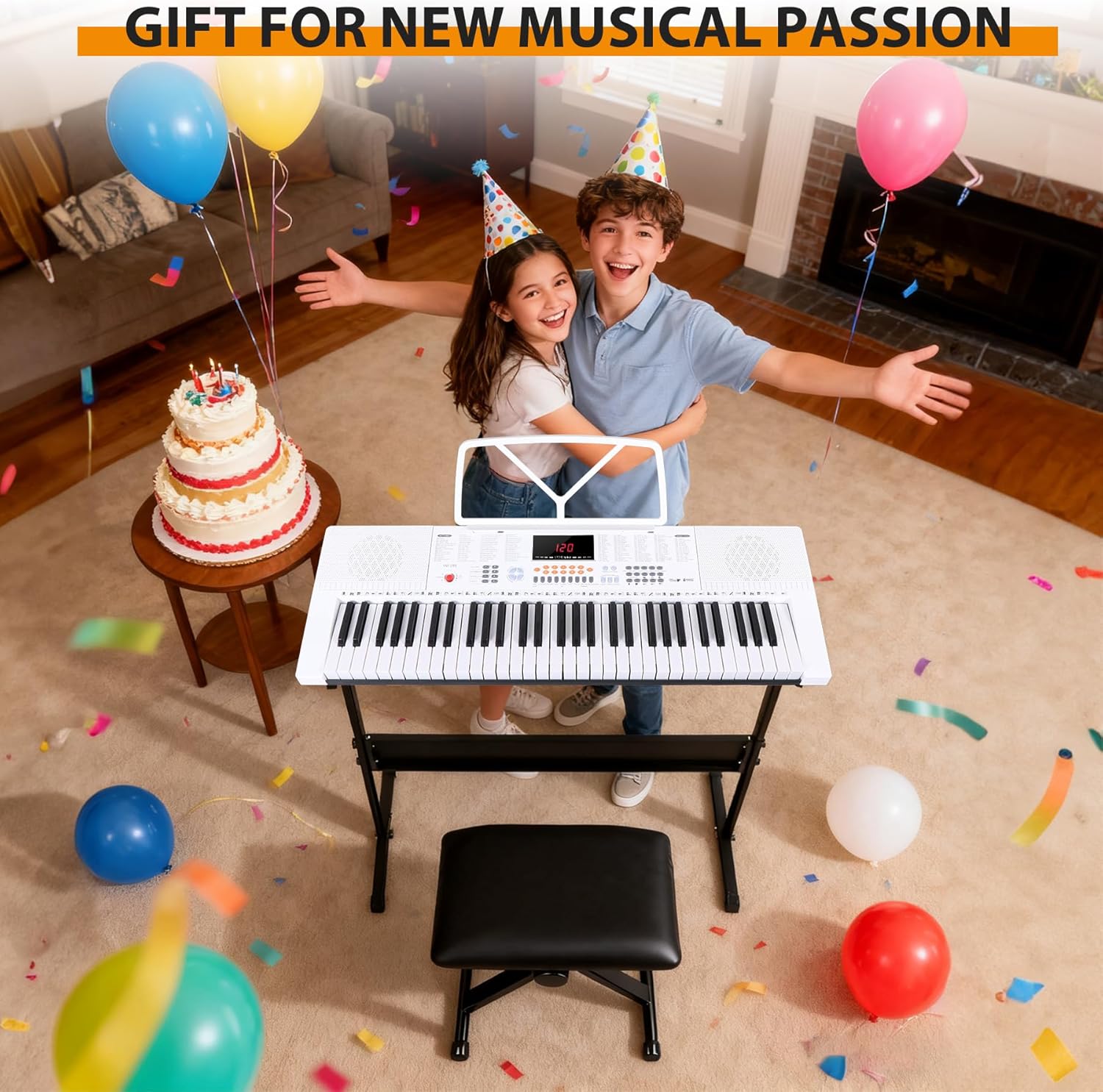 61 Keys Electronic Keyboard Piano Complete LED Display Keyboard Kit with Stand Built-in Speakers Headphones Microphone Music Sheet Stand and Stool, White