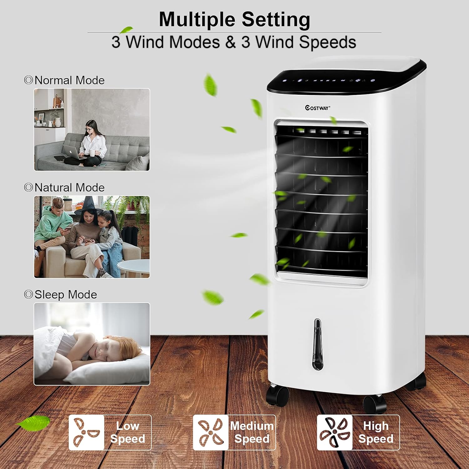 COSTWAY Portable Evaporative Air Cooler for Room, Remote Control, 3-Mode, 7.5H Timer, Include Ice Crystal Boxes, Casters and Water Tank, Bladeless Swamp Cooler for Home Office, Indoor Use, White