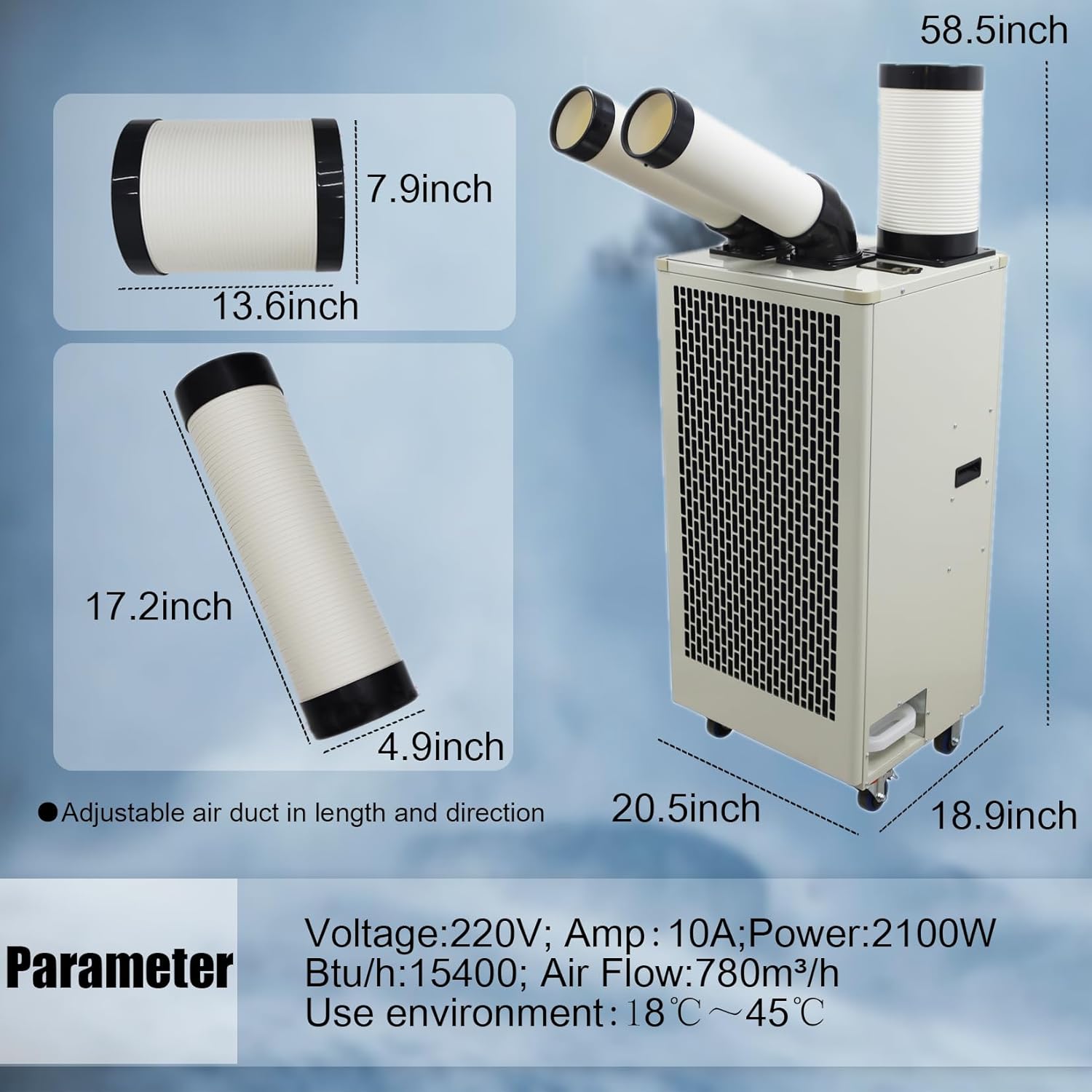 Industrial Air Conditioner Portable Commercial Spot Cooler 15400 Btu/h Mobile Air Conditioner 220V 2.1kw Dual Hose