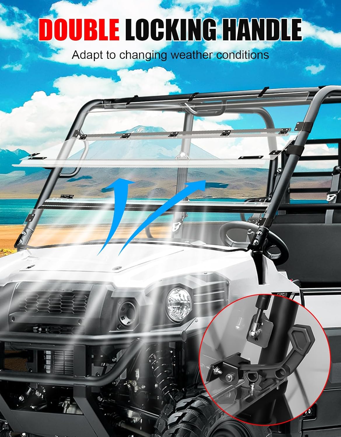 UTV Flip Up Windshield for Kawasaki Mule Pro FXT FX, Clear 1/5