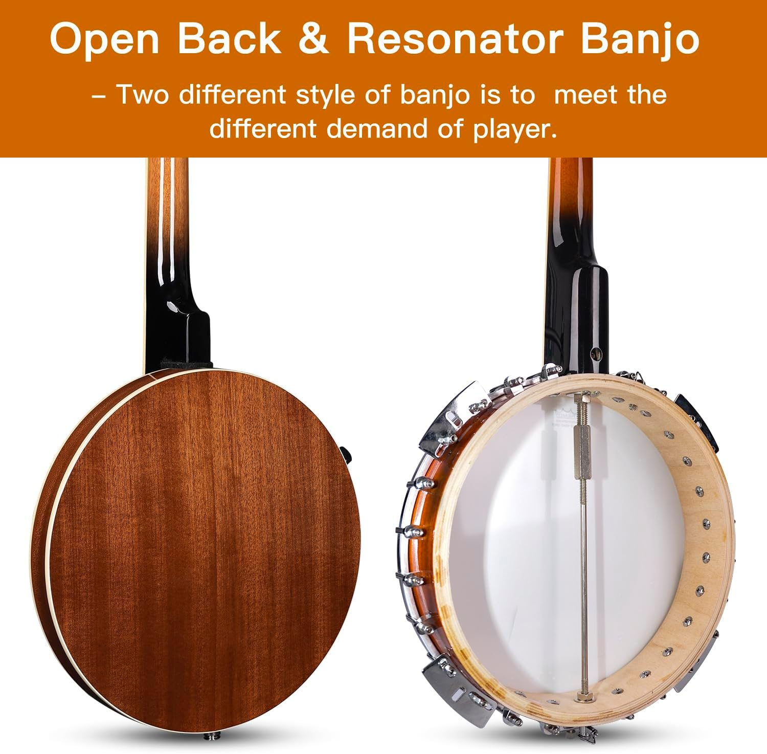 ADM Banjo 5 String Full Size Acoustic Electric Banjoes Set Remo Drum, Geared 5th Pegs Beginner Banjo Kit w/EQ Resonator Open or Closed Back, Starter Package Accessories Online Lessons for Adult,Brown