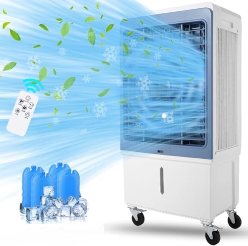 Evaporative Air Cooler, 4100CFM Swamp Cooler Air Conditioner with 4 Ice Packs & Remote Control, 3 Modes & Wind Speeds, 12H Timer, 8.4 Gallon Water Tank, for Outdoor, Indoor, Garage (13.2 Gallon)