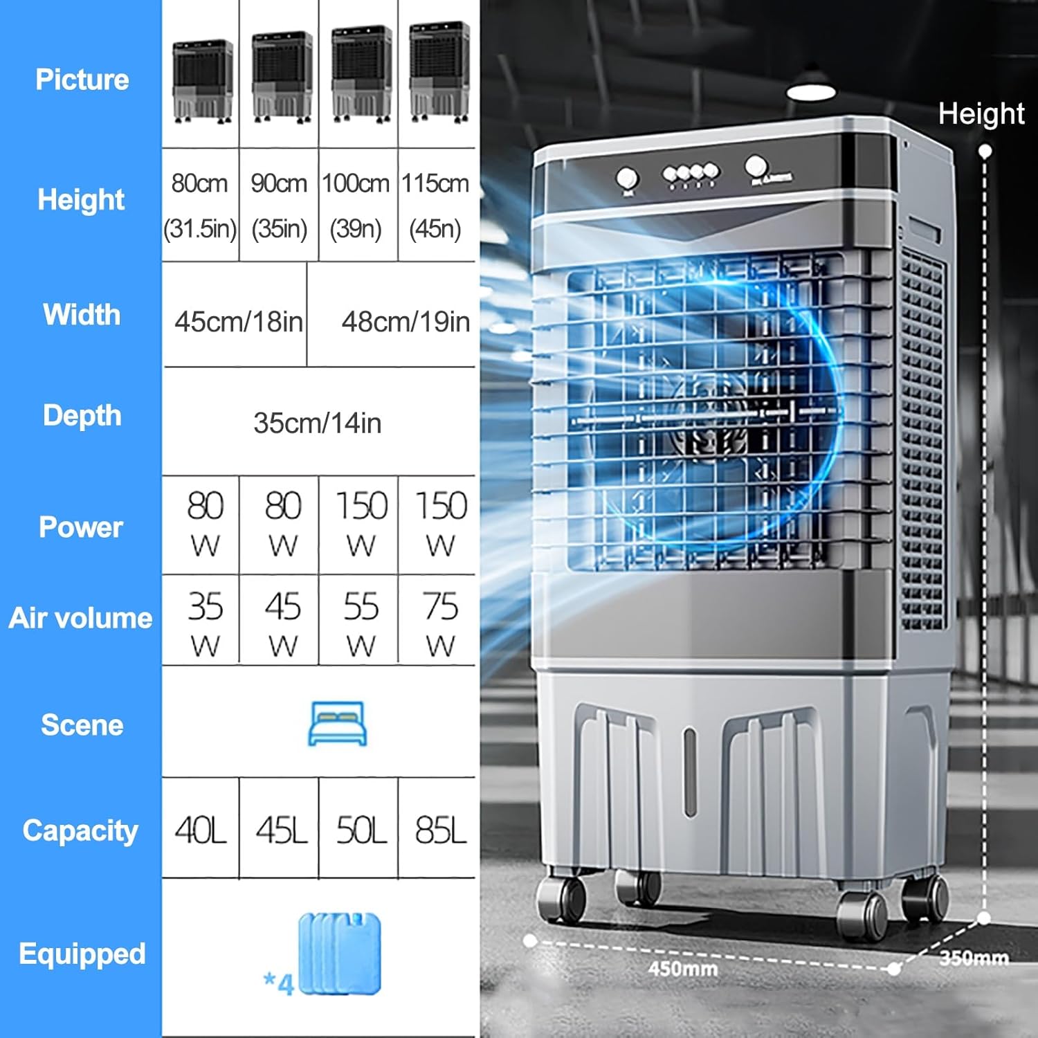 Swamp Cooler Air Conditioner, Evaporative Air Cooler with 4 Ice Box, 120°Oscillation, Portable Cooling Fan with 3 Speeds for Bedroom Home Office(45x35x80cm/18x14x31.5inch)