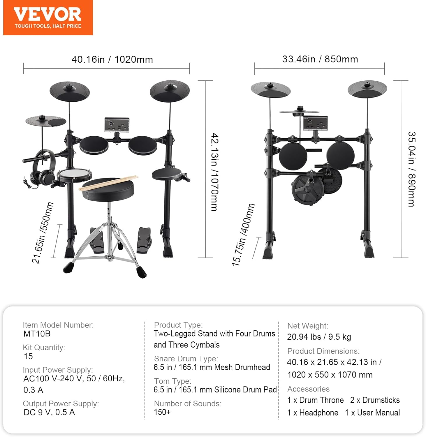 VEVOR Electric Drum Set, 15 Drum Kits & 150 Sounds Electronic Drum Kit, USB MIDI Supported 6.5 in Quiet Mesh Snare Electric Drum Set with 10 in Cymbals Drum Sticks & Headphone, for Beginners & Adults