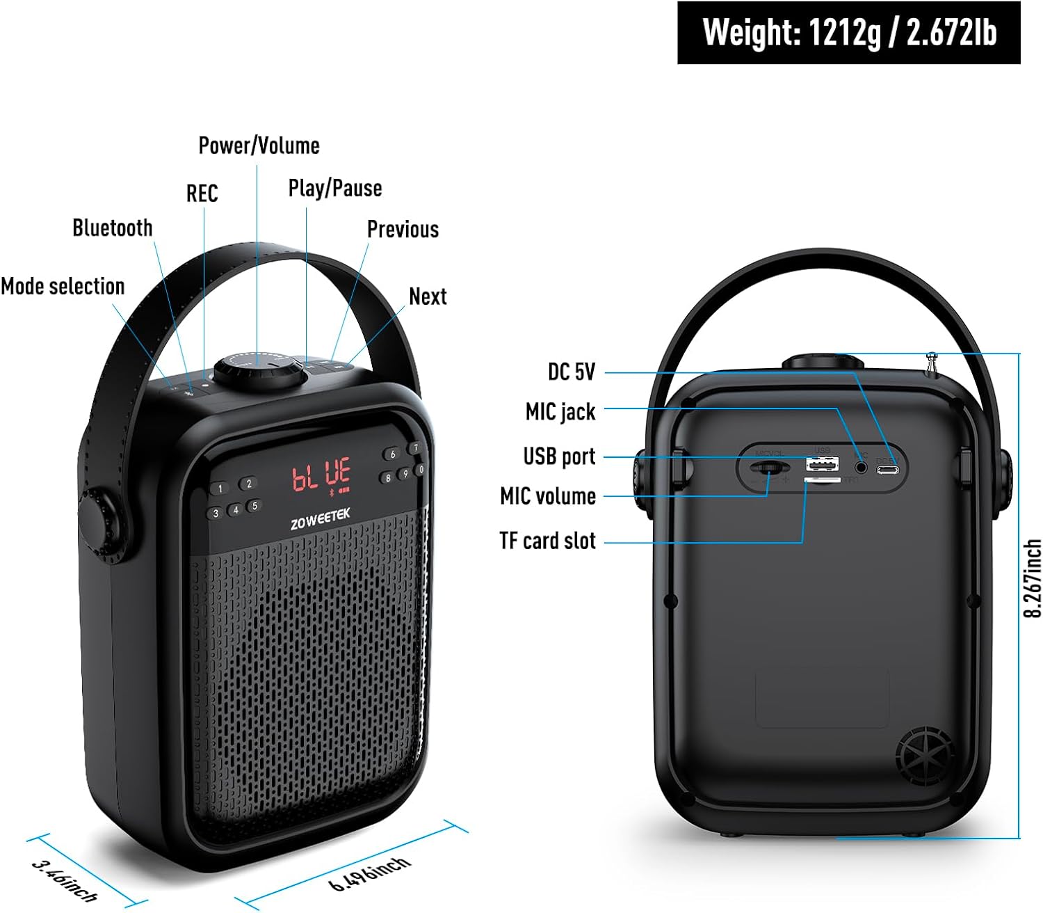 ZOWEETEK Voice Amplifier with Wireless Microphone Handheld, Wireless Voice Amplifier for Teachers, Buletooth PA System Speaker and Microphone,Portable Megaphone for Classroom, Speech,Karaoke,Outdoor