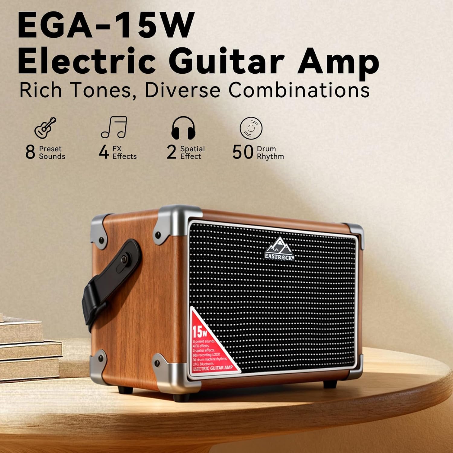 EASTROCK 15W Electric Guitar Amp, EGA-15W Portable Guitar Amplifier with Bluetooth, Built-in Looper & Drum Machine Speaker, AUX/OTG/Headphone, 8 Voices, FX Effects-Wood