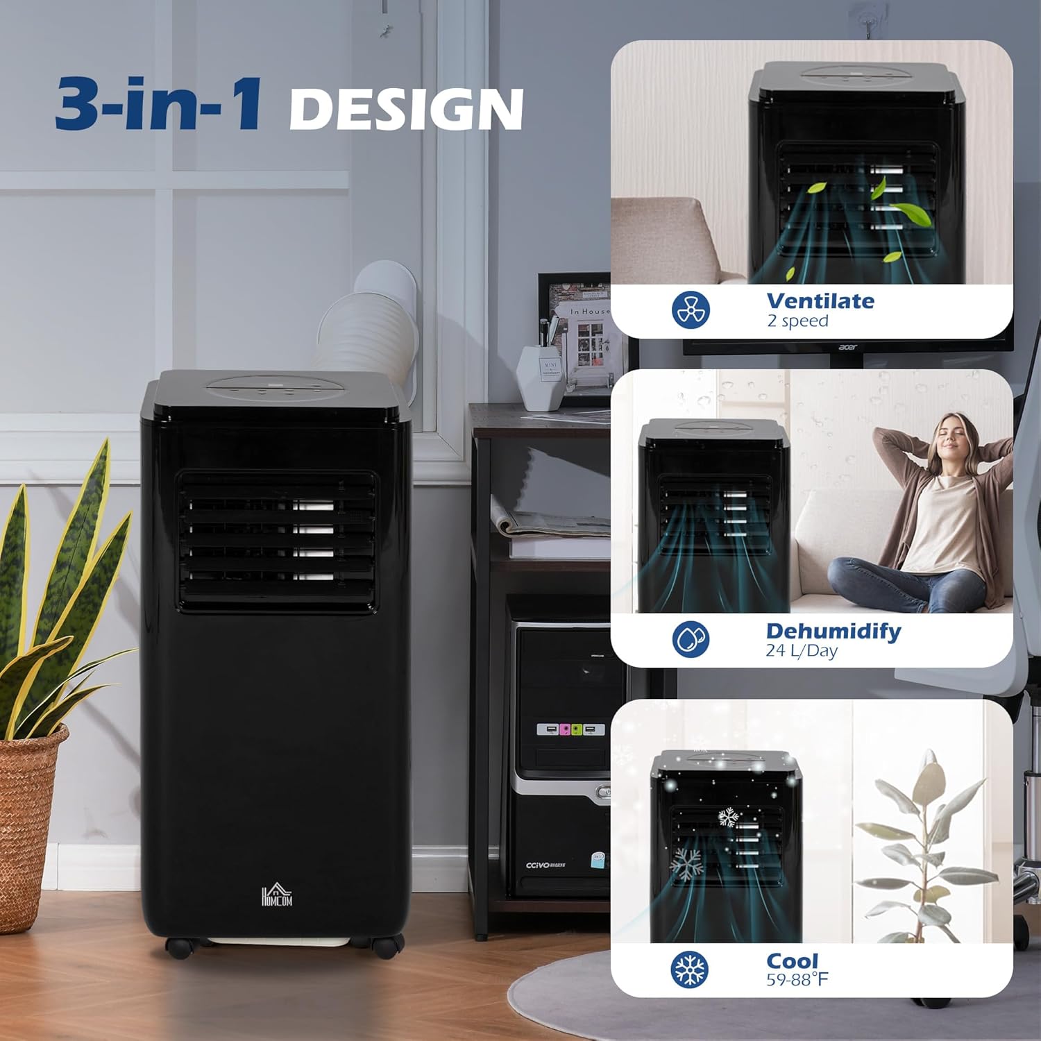 HOMCOM 8000 BTU Portable Air Conditioner for Rooms Up to 345 Sq. Ft., 5-in-1 AC Unit with Dehumidifier, Cooling Fan, Auto, Sleep & Remote, 24H Timer On/Off, Window Installation Kit, Black