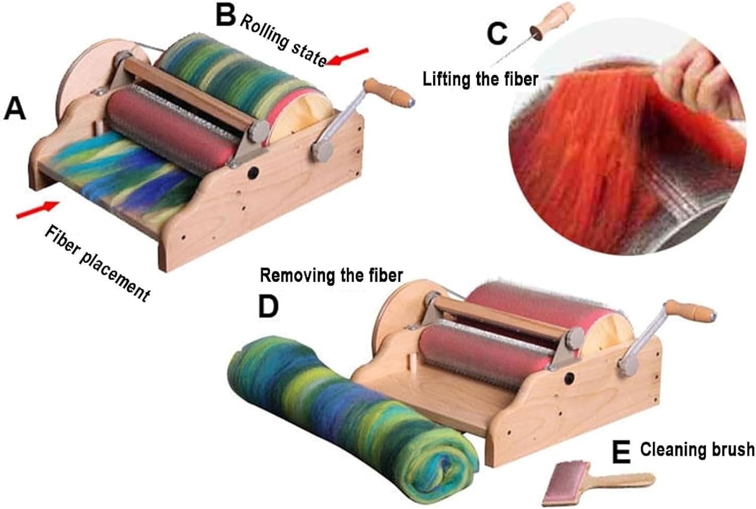 DIY Manual Wool Felt Machine, Wool Blending Board Carding Brush Set, Drum Diameter 315mm, Adjustable Roller Gap Drum Carding Machine, Wood Craft Sticks for Mix Colors, Organize Wool Fibers