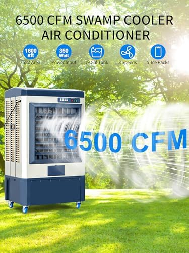 Uthfy 48” Evaporative Air Cooler, 6500 CFM Swamp Cooler Air Conditioner with 19 Gal Water Tank, 5 Ice Packs, 120° Oscillation, Portable AC with 3 Speeds for 16000 Sq.ft Outdoor, Patio, Warehouse Use